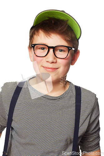 Image of Portrait, fashion and glasses and a boy nerd in studio isolated on a white background for intelligent style. Kids, smile and eyewear with a confident young child geek in a casual clothing outfit