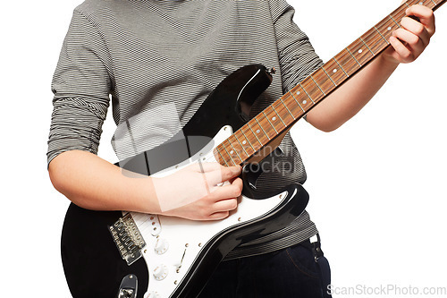 Image of Hands, guitar and studio performance for rock music, playing or concert in closeup by white background. Creative person, artist or musician in clothes, instrument and art with song, band or fashion