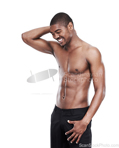 Image of Black man, model and shirtless with smile, six pack and standing on white background confident with abs. Studio backdrop, fit and attractive for health and muscular for fitness, stomach and chest