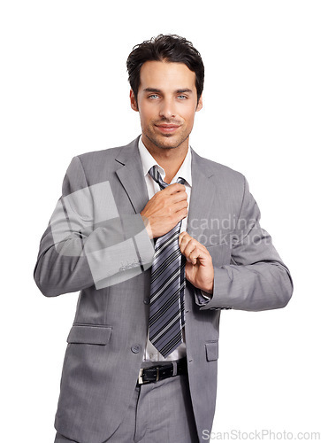 Image of Business man, portrait and fixing tie in studio for corporate fashion, professional clothes and isolated on white background. Employee getting ready in suit for job interview with confidence in style