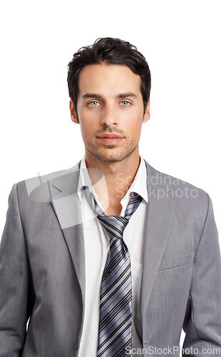 Image of Portrait, serious and business man in studio isolated on a white background. Face, professional lawyer and attorney in suit, agent or disheveled consultant employee work on corporate career in Spain