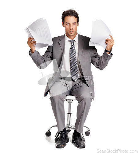 Image of Portrait, frustrated and businessman with documents in a studio isolated by white background. Paperwork, professional and professional male accountant from Canada on a chair with stress and chaos.