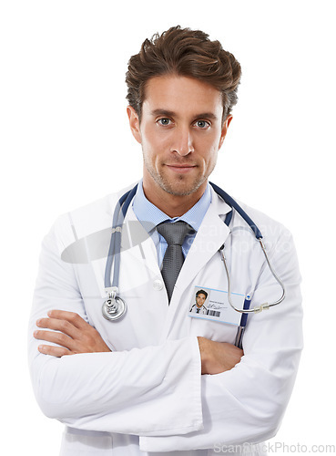 Image of Doctor, portrait or man for arms crossed in studio, confident or healthcare employee in medical career. Specialist, face or cardiologist in trust in medicine pride or stethoscope by white background