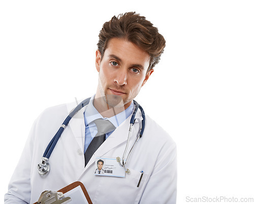 Image of Medical, doctor or portrait in studio in pride or confident in healthcare career as surgeon in mockup. Specialist, face or man or medicine reputation in service, results or trust by white background