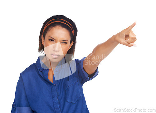 Image of Studio portrait, serious problem or woman pointing at bad sale deal, commercial direction or service crisis. News advertisement, presentation or model fail risk, offer or discount on white background