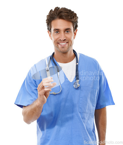 Image of Medical, doctor or portrait in studio for syringe, vaccine or healthcare in medicine innovation in mockup. Specialist, face or man in pharmaceutical care in booster shot or trust by white background