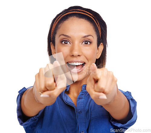 Image of Studio portrait, excited and woman pointing at you, choice or happiness for promotion winner, selection or decide volunteer. Wow facial expression, encouragement and model face on white background