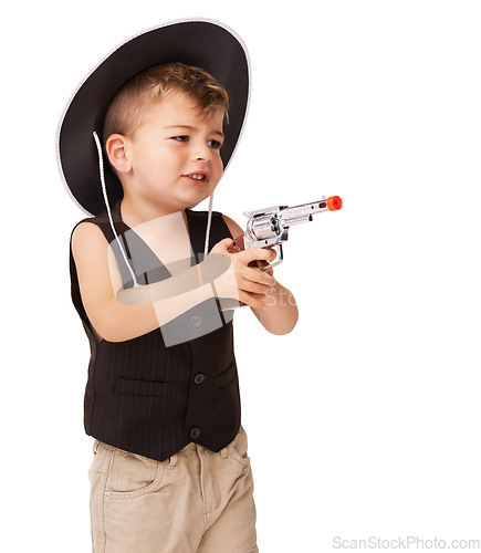 Image of Kid, cowboy hat and play with gun in studio isolated on a white background mockup space. Child, toy pistol and western costume for halloween, shooting and cute young boy dress up on holiday for fun