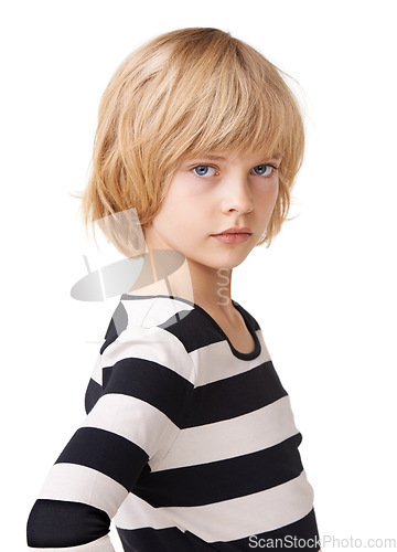 Image of Fashion, youth and portrait of child in studio for trendy, girl student and casual style. Pride, cool and mockup with face of female person on white background for confidence, young and attitude