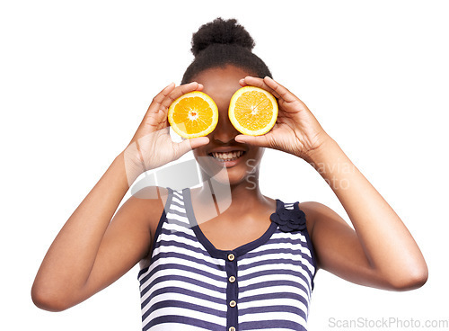 Image of Smile, teenager and girl with orange in studio for nutrition, wellness and diet. Food, child and vitamin c with face of African student and fruit on white background for fiber, citrus and detox