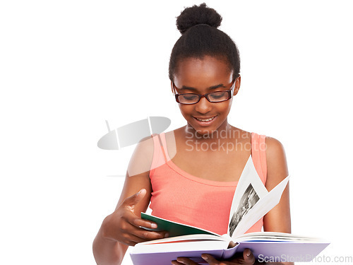 Image of Thinking, black girl and reading a book with information, education and glasses isolated on a white studio background. African person, kid and model with eyewear, knowledge and activity with student