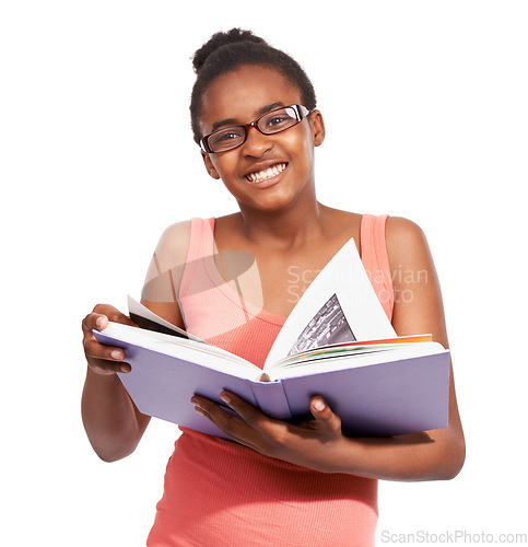 Image of Portrait, smile and black girl with a book, knowledge and glasses isolated on white studio background. Face, African person or teenager with hobby, eyewear or cheerful with child, student or learning