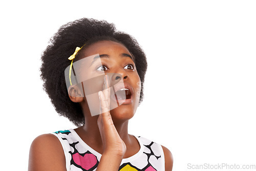 Image of Surprise, shouting and young black girl in studio with wow, wtf or omg facial expression for bad news. Scared, screaming and African teenager with shock and amazing face isolated by white background.