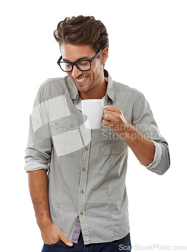 Image of Man, coffee and happy in studio, fashion and glasses with laughing with ideas by white background. Geek guy, model and person with smile for tea cup, latte or espresso with thinking in trendy clothes