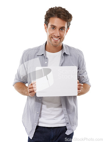 Image of Portrait, smile and man on poster, sign and advertising on mockup space isolated on a white studio background. Face, happy person and show paper banner on sales promo, information or blank placard