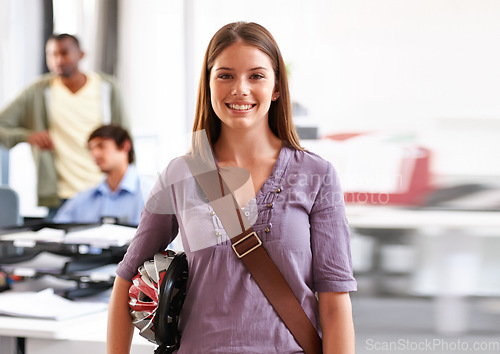 Image of Portrait, business woman and bike helmet in office for commute to startup creative agency and employee. Entrepreneur, consultant with safety or tablet and blurred background at workplace with smile