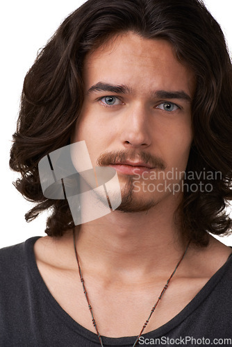 Image of Hair care portrait, relax and studio man with thick wavy hairstyle, clean haircut texture or beauty spa salon wellness. Facial grooming, headshot and brunette model face isolated on white background