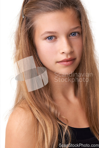 Image of Studio portrait, skincare and teen kid with facial cosmetics, aesthetic makeup and natural youth wellness, grooming or beauty. Hair care, spa salon teenager and young girl face on white background