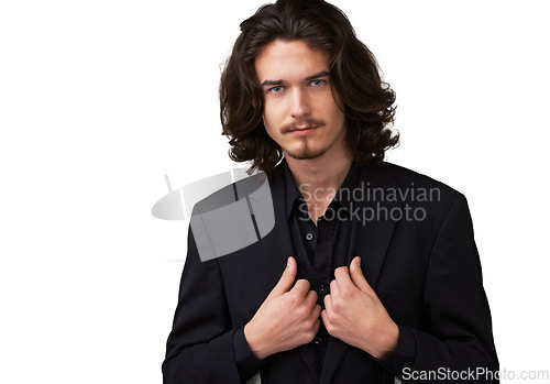 Image of Fashion suit, portrait and man confident in formal outfit, business attire and pride in fancy, elegant or classy apparel. Smart clothes, studio blazer and stylish person isolated on white background