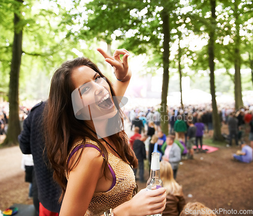 Image of Happy woman, portrait and peace sign at outdoor music festival or crowd for party, event or DJ in nature. Excited female person smile enjoying audio sound at carnival, concert or performance outside