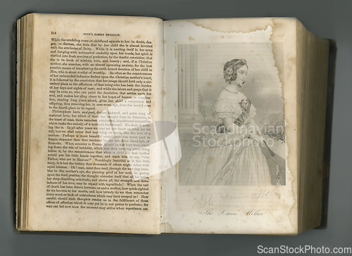 Image of Old book, vintage and page of the queen mother in literature, text or ancient scripture against studio background. Closeup of historical novel, journal or antique history study of iconic female idle