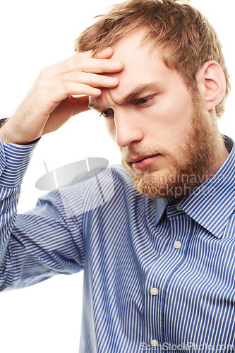 Image of Business, man and headache with stress, employee and worker isolated on white studio background. Person, consultant and entrepreneur with a migraine, depression and professional with anxiety or doubt