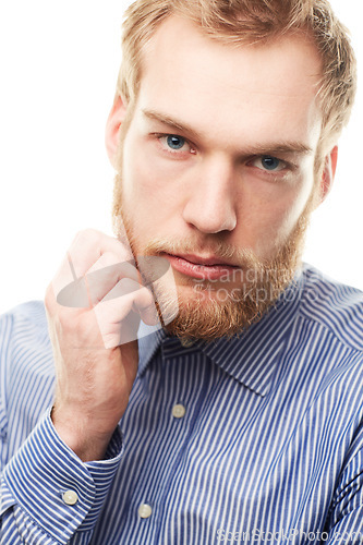 Image of Business, portrait and man in studio thinking, curious and unsure or concerned on white background. Face, questions and young male entrepreneur with puzzled expression, gesture and body language