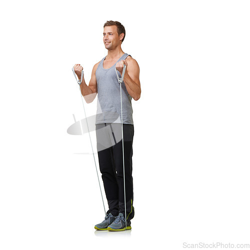 Image of Fitness, man and resistance band to workout in studio, gym and weight training for strong muscles. Sports person, exercise and commitment with gym equipment in mockup and cardio on white background