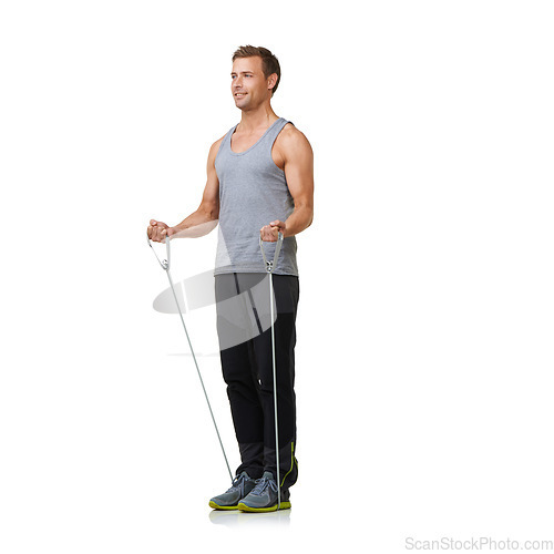 Image of Exercise, man and resistance band to workout in studio, gym and weight training for strong muscles. Sports person, fitness and commitment with equipment in mockup and cardio on white background