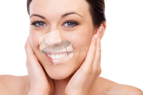 Image of Woman, skincare and hands in studio portrait with smile, natural change and wellness by white background. Girl, model or person with beauty, facial skin transformation and happy for cosmetic results