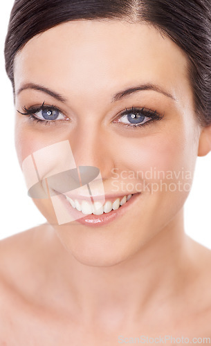 Image of Makeup, portrait and happy woman in studio for cosmetic care, wellness and shine closeup. Beauty, face and female model smile with glow, dermatology or skin treatment, pamper and soft glam results