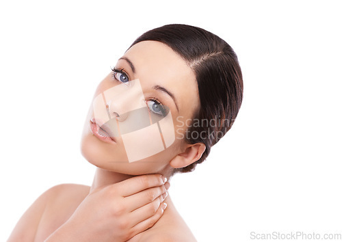 Image of Woman, face and beauty in skincare cosmetics, makeup or elegance against a white studio background. Portrait of young female person or model posing in satisfaction for soft skin on mockup space