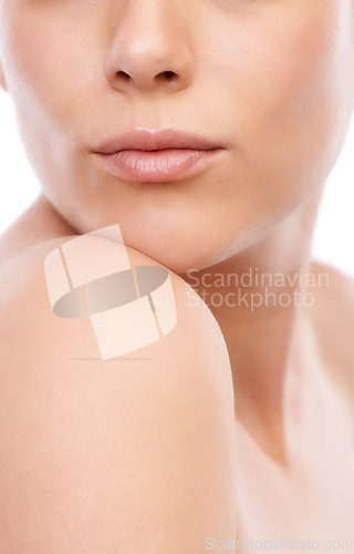 Image of Woman, lips and skincare for cosmetics, beauty or makeup isolated against a white studio background. Closeup of female person, shoulder or skin in care for dermatology, hygiene or spa treatment