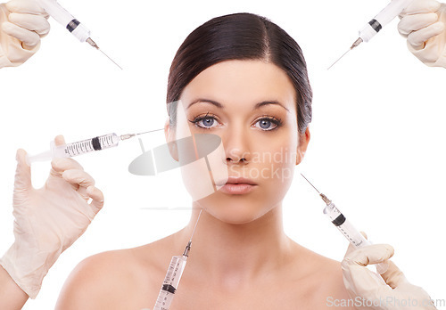 Image of Woman, portrait and injection for plastic surgery in studio with hands, chemical and product by white background. Girl patient, surgeon and syringe for change, transformation and results with beauty