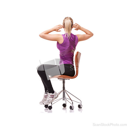 Image of Office, chair and woman stretching back for posture, health and fitness in white background or studio. Sitting, exercise and person training with seated stretches with arms or practice for wellness