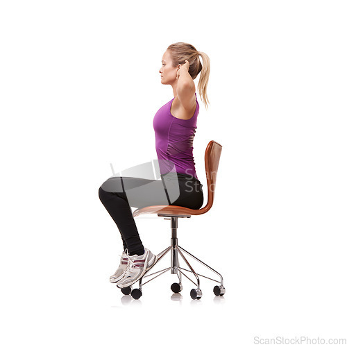 Image of Office, chair and woman stretching for posture, health and fitness in white background or studio. Sitting, exercise and person training arms with seated core stretches or practice for wellness