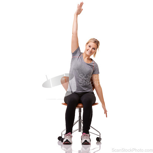 Image of Office, chair and woman stretching in portrait for posture, health and fitness in white background or studio. Sitting, exercise and person training with seated arm stretches or practice for wellness