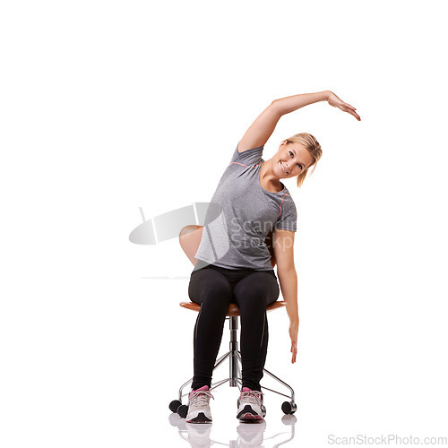 Image of Office, chair and portrait of woman stretching for posture, health and fitness in white background or studio. Sitting, exercise and person training with seated arm stretches or practice for wellness
