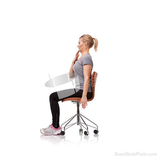Image of Office, chair and woman stretching neck for posture, health and fitness in white background or studio. Sitting, exercise and person training with seated chin stretches or practice for wellness