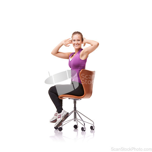 Image of Office, chair and portrait of woman stretching for posture, health and fitness in white background or studio. Sitting, exercise and person training with seated stretches for back and wellness