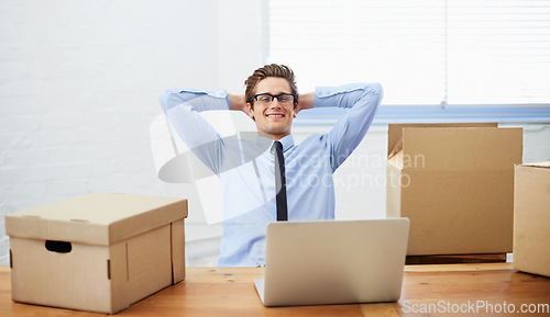 Image of Business man, moving boxes and smile for laptop, entrepreneur and online logistics for courier. Male person, professional and delivery for company distribution, package and shipment by internet