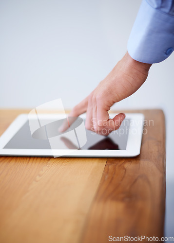 Image of Tablet, finger and pointing for interactive screen, mockup and technology for networking or touch. Businessman, internet and responsive design for application, web and research in office or display