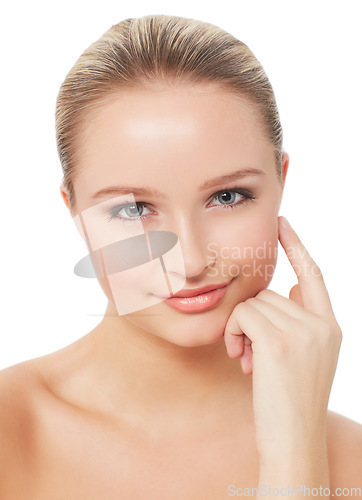 Image of Woman, makeup and beauty with portrait, hand and model for skin, cosmetics on white background. Topless, beautiful and headshot with shine, skincare or clean for facial glow, dermatology or grooming