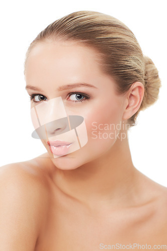 Image of Woman, makeup and beauty with portrait, pout and model for skin, cosmetics on white background. Topless, beautiful and headshot with shine, skincare or clean for facial glow, dermatology or grooming