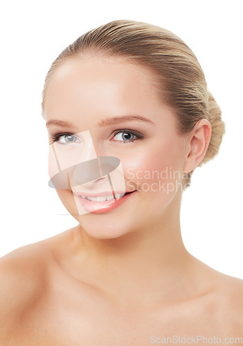 Image of Woman, makeup and smile with portrait, face and model for skin, cosmetics on white background. Topless, beautiful and headshot with shine, skincare or clean for facial glow, cosmetology or grooming