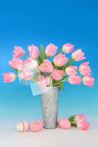 Image of Spring Tulip Flowers and Easter Egg Still Life