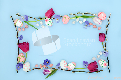 Image of Easter Background Border with Eggs and Flowers