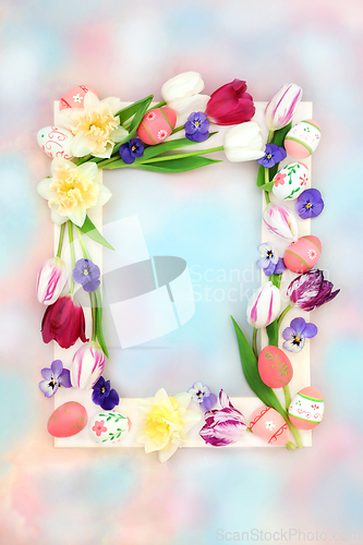 Image of Colorful Easter Background with Decorated Eggs and Flowers