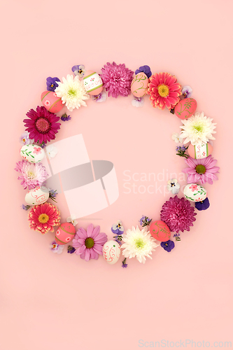 Image of Easter Wreath with Flowers and Decorated Eggs
