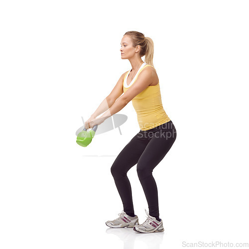 Image of Training, strong and studio woman with kettlebell for arm muscle growth, strength power development or weightlifting. Sports club equipment, active workout and female bodybuilder on white background